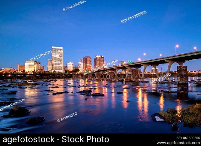 Downtown Richmond, Virginia skyline and the James River at twilight