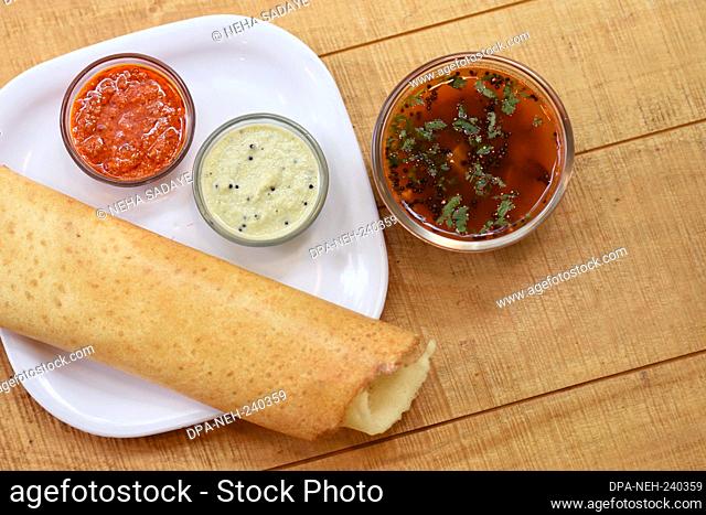 Masala dosa , South Indian meal served with sambhar and coconut chutney over, Traditional South Indian rice Dosa , Indian food, Selective focus