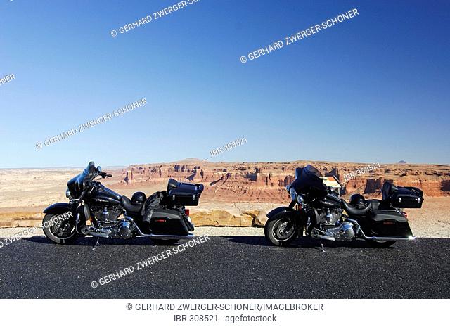 Two motocycles, Harley Davidson, parking at the roadside, Utah, USA