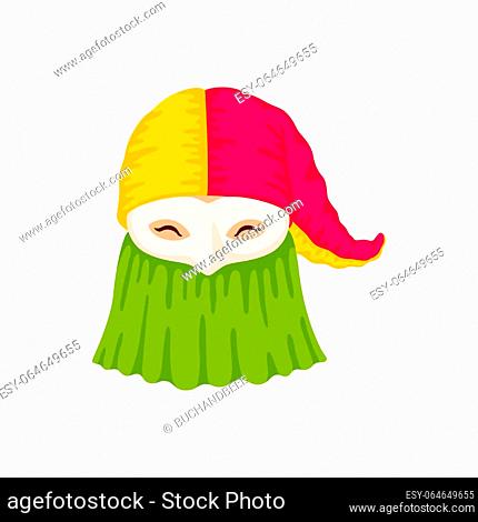 Traditional monocuco face, promoting Colombian folklore in Barranquilla Carnival celebration isolated color icon. Vector latin america carnival holiday mask