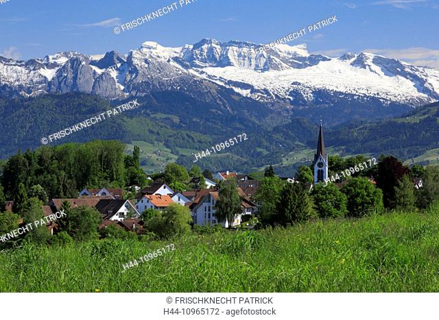 Alps, Alpine panorama, mountain, mountains, mountain panorama, massif, Bubikon, village, Glarus Alps, Glärnisch, church, church tower, nature, uplands, place