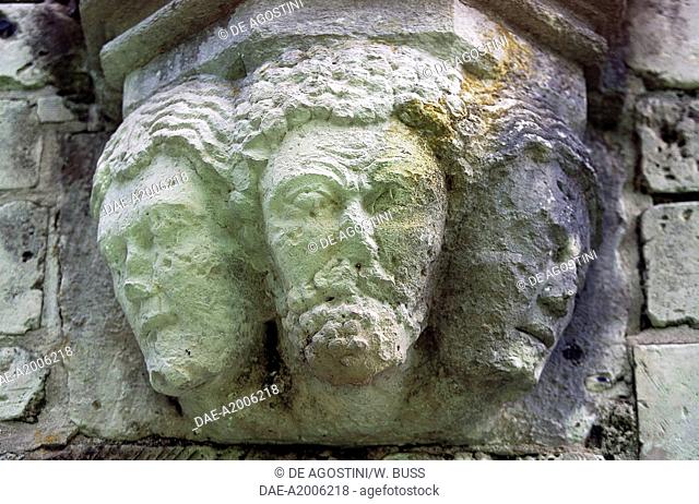 Stone shelf with faces, Chateau de Lucheux (12th century), Picardy, France