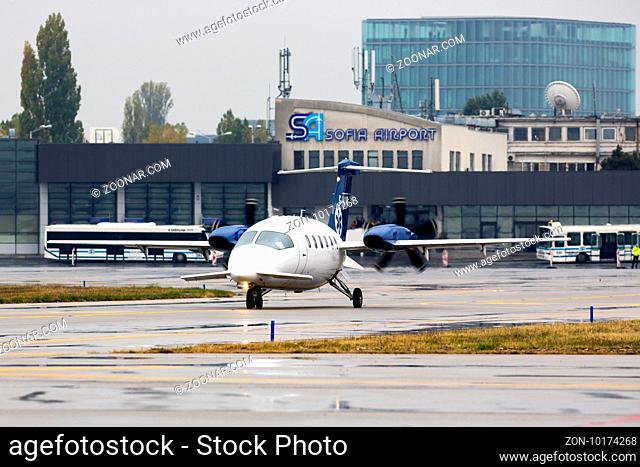 Sofia, Bulgaria - October 16, 2016: A small private propeller plane seconds before flying out to the runway at Sofia airport