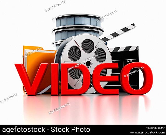Film reels, yellow folder icon, clapboard and video text isolated on white background