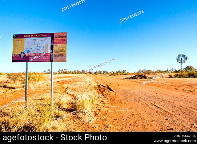 Gemtree, Australia - July 7 2015: Binns Track signage off the Plenty Hwy near Alice Springs, Northern Territory, Australia. Famous for gem fossicking
