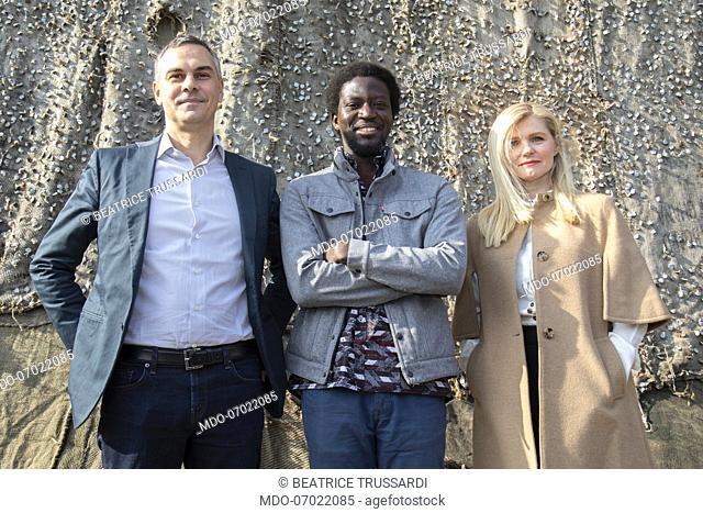 Italian art critic and curator Massimiliano Gioni, Ghanaian artist Ibrahim Maham and Italian entrepreneur Beatrice Trussardi at the presentation of the work A...