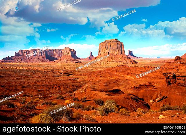 Monument Valley is a unique geological formation. The USA. Huge masses of red sandstone - outliers on the Navajo Indian Reservation