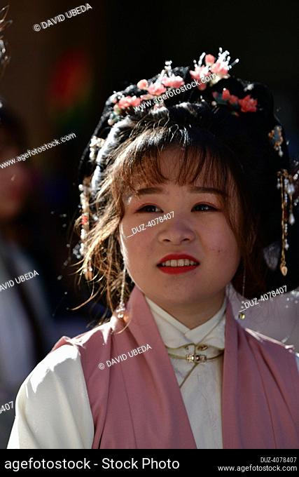 January, 22, 2023, Madrid, Spain, women dressed as Geisha for the parade, celebration in Madrid of the Chinese New Year, with a parade through the streets of...