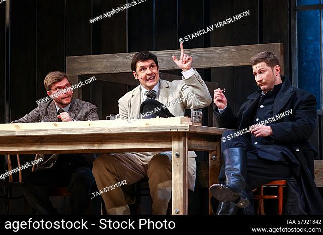 RUSSIA, MOSCOW - MARCH 17, 2023: Actors Sergei Yepishev (C) as Ivan Petrovich Voynitsky and Pavel Chinarev (R) as Mikhail Lvovich Astrov perform during a press...