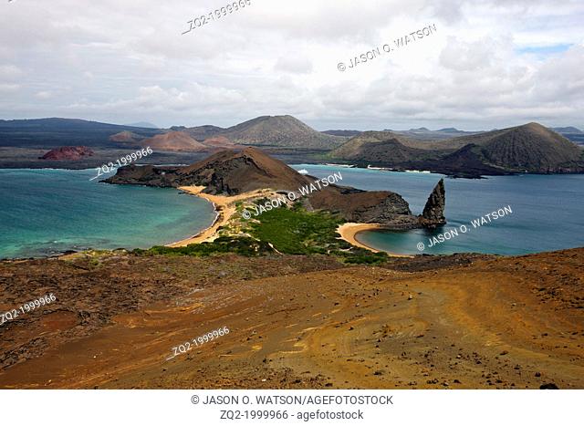 Aerial view from the top of the Summit Trail of the Double-Sided Beach and Pinnacle Rock, Bartolome Island, Galapagos Islands National Park, Galapagos, Ecuador