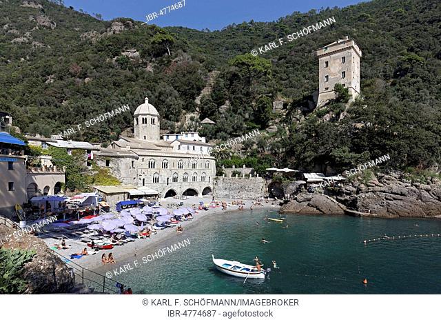 Bay with Benedictine Abbey of San Fruttuoso and Torre Doria, Portofino Peninsula, Golfo Paradiso, Province of Genoa, Riviera di Levante, Liguria, Italy