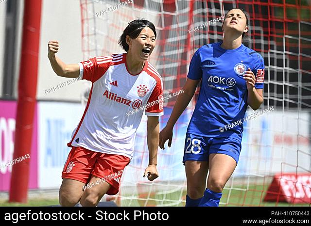 goaljubel Saki KUMAGAI (FCB), jubilation, joy, enthusiasm, action.re:Adrijana MORI (Potsdam), action. Soccer Flyeralert Bundesliga women season 2022/2023