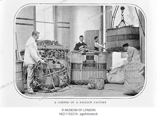 The interior of Spencer's Balloon factory, Highbury, London, c1900. The men are making the baskets that hang underneath the hot air balloons