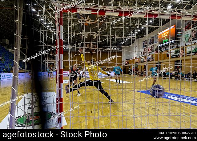 L-R Lucia Mikulcikova (Most) and Agnes Triffa (Vaci) in action during the Banik Most vs Vaci NKSE match of women's handball Europe League qualifier, 3rd round
