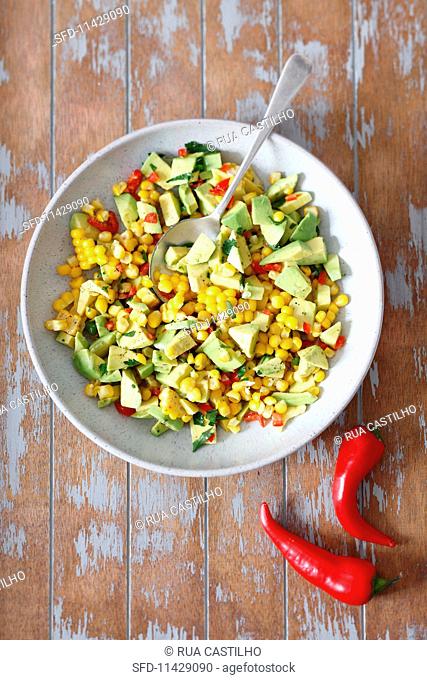 Sweetcorn and avocado salad with chilli