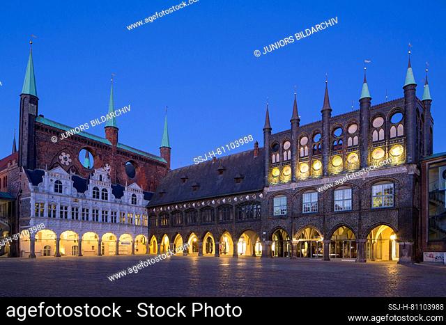 Town hall in the marketplace in the Old Town of the Hanseatic town Luebeck, Schleswig-Holstein, Germany at night