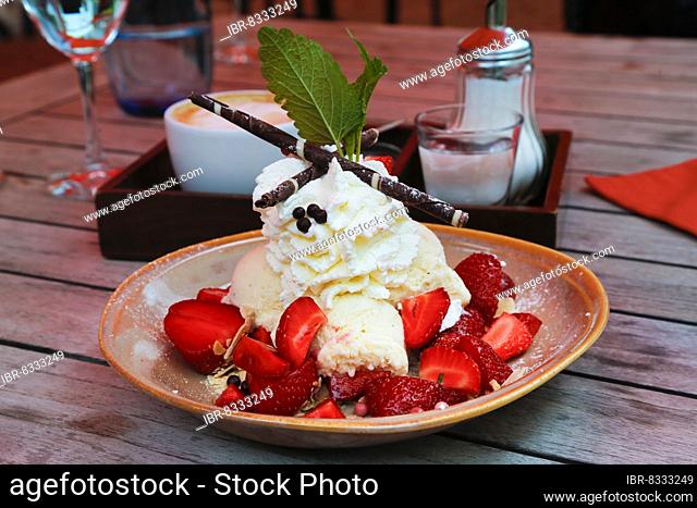 Swabian cuisine, vanilla ice cream with cream and fresh strawberries, fruit, berries, dessert, dessert, sweet, lemon balm, green leaf, chocolate sticks, plate