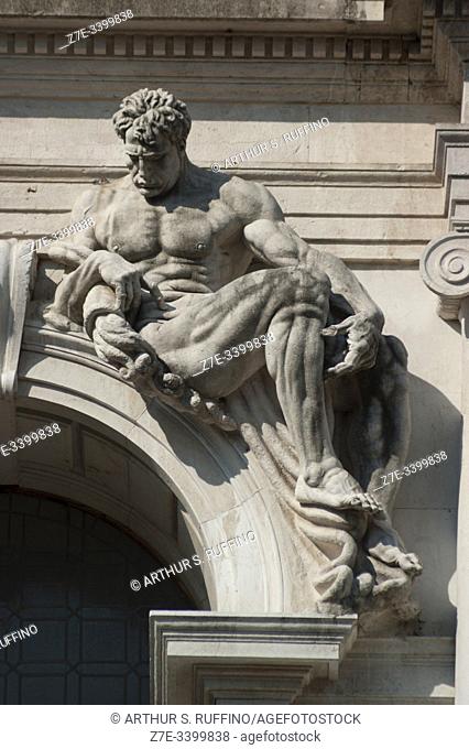 Sculpture on façade of Angelo Mai Civic Library (Biblioteca Civica Angelo Mai), Palazzo Nuovo di Bergamo. Piazza Vecchia (Old Square), Upper Town (CittÃ  Alta)