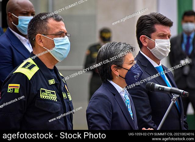 Colombia's major general of Police Jorge Luis Vargas, Mayor of Bogota, Claudia Lopez (Center) and Colombia's defense minister Diego molano (Right) as after...