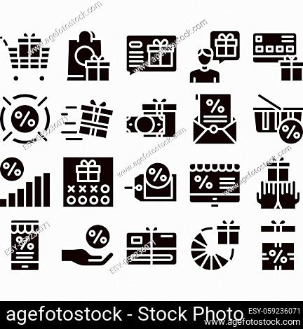 Loyalty Program For Customer Icons Set Vector Thin Line. Human Silhouette And Present In Box Or Bag, Percent Mark And Money Loyalty Program Glyph Pictograms...