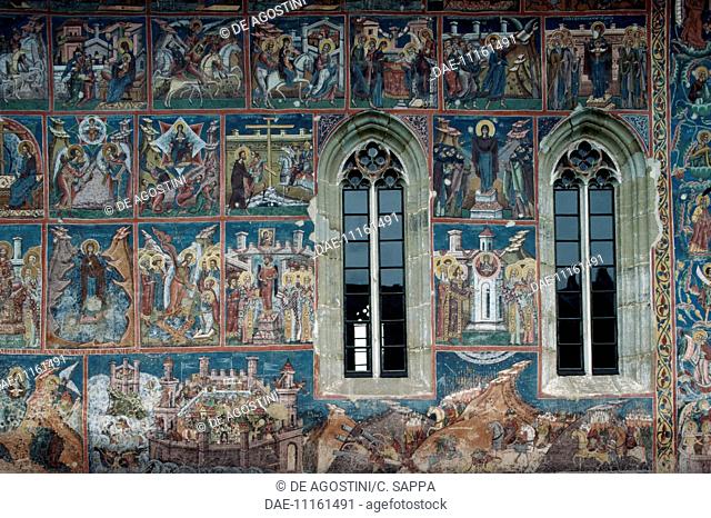 Figures of Saints, fresco on the outside walls of Moldovita monastery, 1532 (Unesco World Heritage List, 1993), Moldavia, Romania, 16th century
