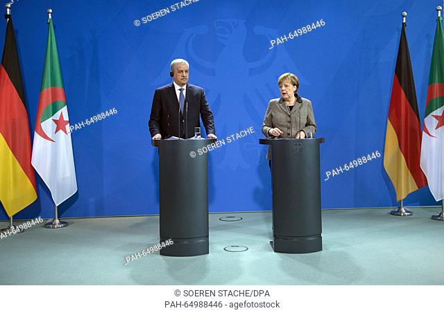 German Chancellor Angela Merkel (R) and Algeria's Prime Minister Abdelmalek Sellal deliver remarks at a joint press conference in Berlin,  Germany