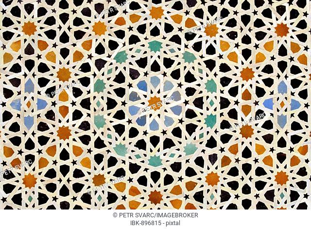 Mosaic (Zellij), detail, at Bou Inania, Bouanania, Medersa, Madrasa, in the medina of Fes, Fez, Morocco, Africa