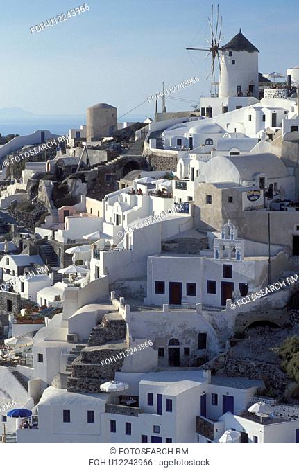 Greece, Santorini, Greek Islands, Oia, Cyclades, Europe, Village of Oia on the steep hillside of Santorini Island on the Aegean Sea