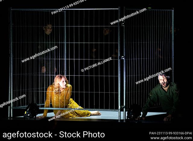 13 November 2023, Berlin: Magdalena Koená (l) as Médée and Reinoud Van Mechelen as Jason, taken during the film and photo rehearsal for the opera ""Médée"" at...