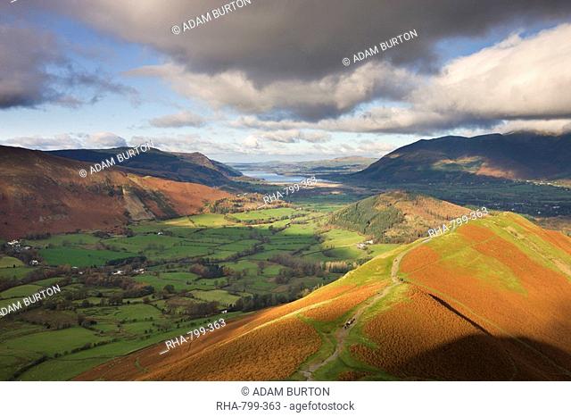 Newlands Valley looking towards Bassenthwaite Lake in the distance, from Cat Bells in autumn, Lake District National Park, Cumbria, England, United Kingdom