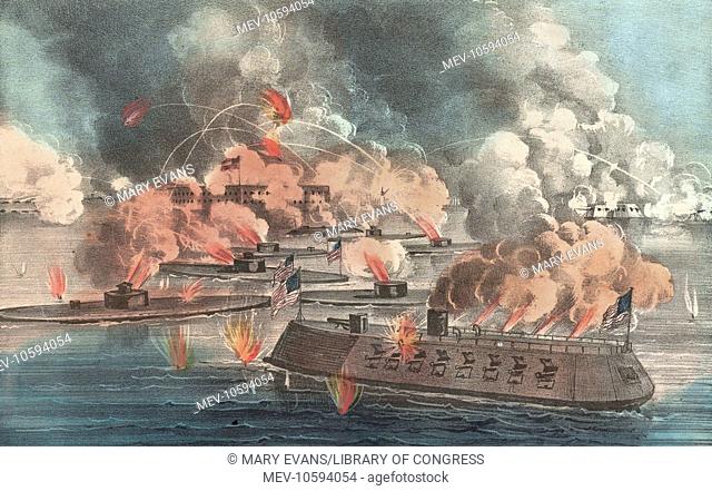 The great fight at Charleston S.C. April, 7th 1863: between 9 United States Iron-Clads, under the command of Admiral Dupont; and Forts Sumter, Moultrie