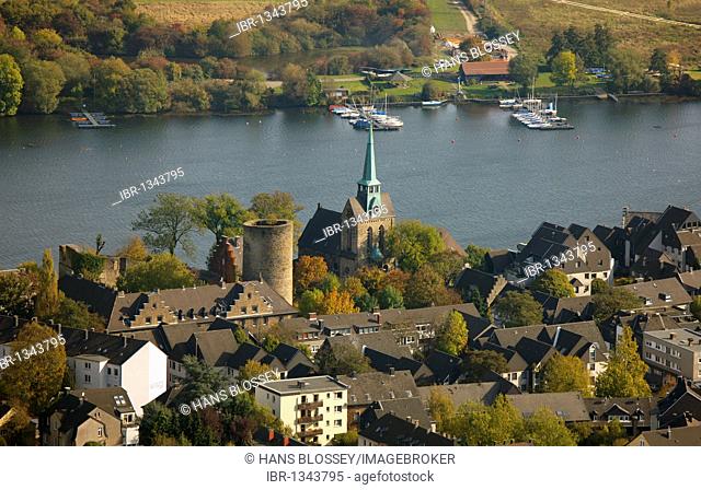 Aerial shot, church, Freiheit, Harkortsee lake, Wetter, Ruhr, Ruhr district, North Rhine-Westphalia, Germany, Europe