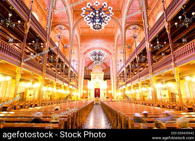BUDAPEST, HUNGARY - FEBRUARY 21, 2016: Interior of the Great Synagogue in Dohany Street. The Dohany Street Synagogue or Tabakgasse Synagogue is the largest...