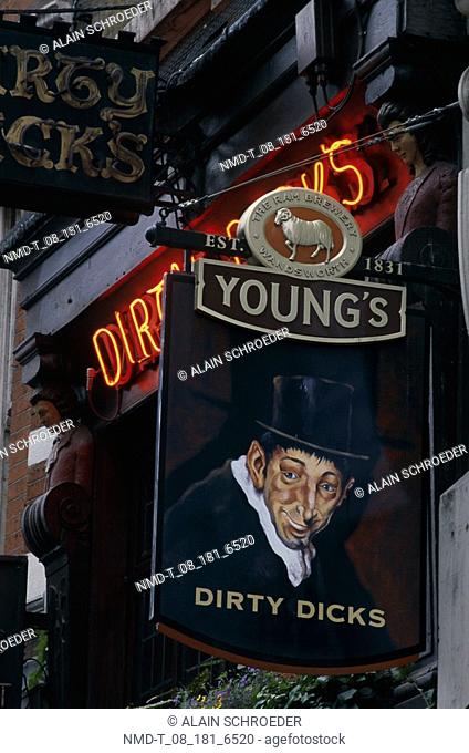 Close-up of the signboard of a bar, Dirty Dick's, Bishopsgate, London, England