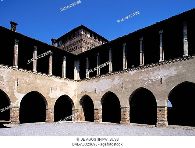 The porticos with pointed arches from the courtyard of Visconti Castle (14th century), Pandino, Lombardy, Italy