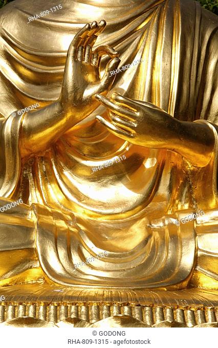 Detail of the teaching mudra on the sitting Buddha statue, Sainte-Foy-Les-Lyon, Rhone, France, Europe