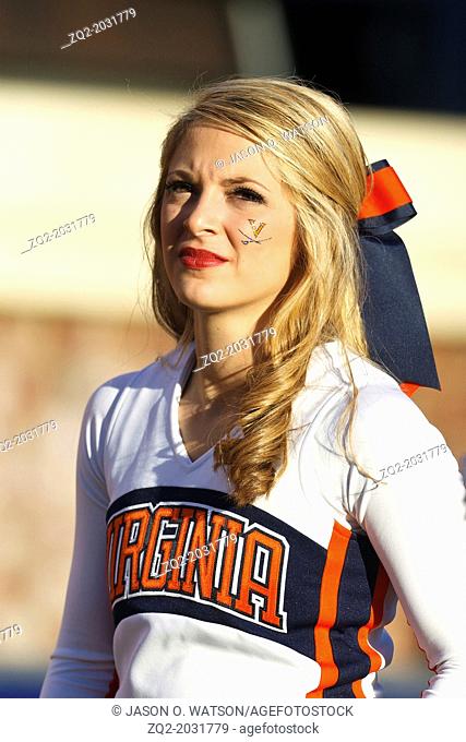 Oct 15, 2011; Charlottesville VA, USA; A Virginia Cavaliers cheerleader on the sidelines against the Georgia Tech Yellow Jackets during the third quarter at...