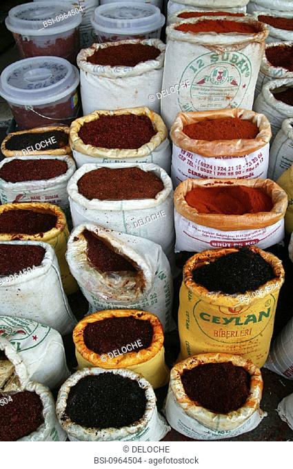 SEASONING<BR>Hot pepper powders in a souk at Istanbul, Turkey