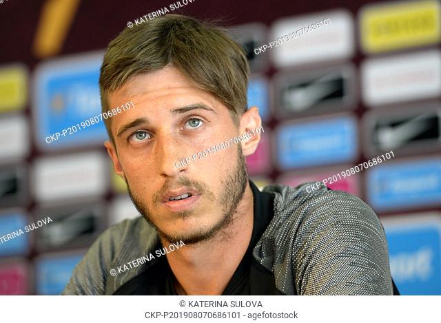 Soccer player of Sparta Praha Michal Sacek speaks during the press conference prior to qualifier for football European League: Sparta vs Trabzonspor in Prague