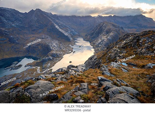Loch Coruisk and the main Cuillin ridge seen from the top of Sgurr Na Stri on the Isle of Skye, Inner Hebrides, Scottish Highlands, Scotland, United Kingdom