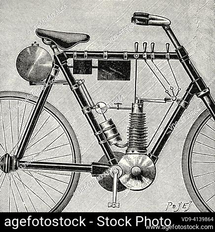 Petrolette Omega motorcycle with a gasoline engine. Old 19th century engraved illustration from La Nature 1899