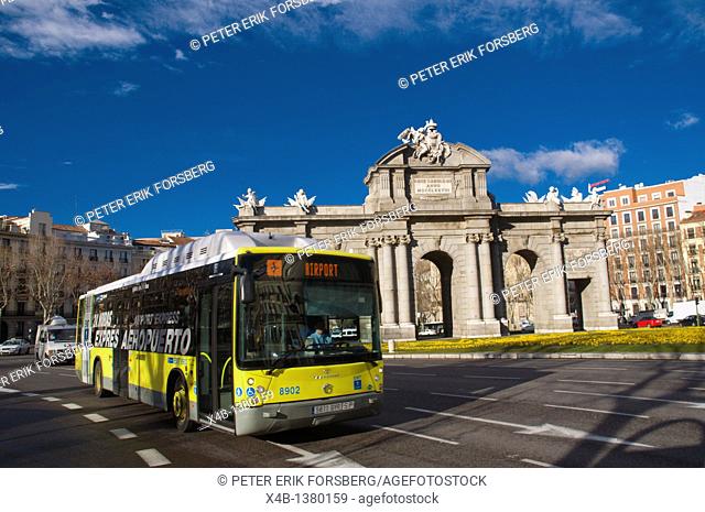 Airport bus at Plaza de la Independencia square roundabout central Madrid Spain Europe