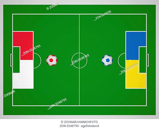 Football field from above with the colors of Poland and the Ukraine. European championship