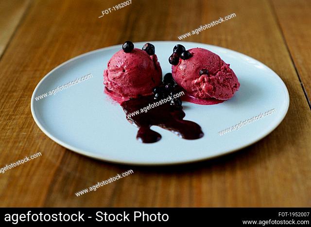 Raspberry sorbet with blueberry sauce on plate