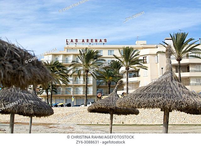 Hotel Las Arenas and winter beach on a windy day in Mallorca, Balearic islands, Spain