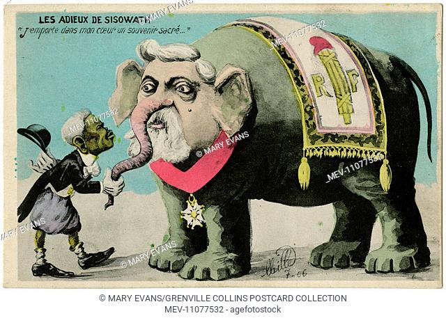 Satirical postcard showing Sisowath (1840-1927), King of Cambodia shaking the 'trunk' of French President Armand Fallieres (1841–1931) who is in the form of a...