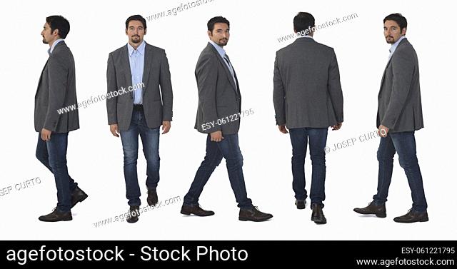 line of front, back and side view of same man walking on white backgruound