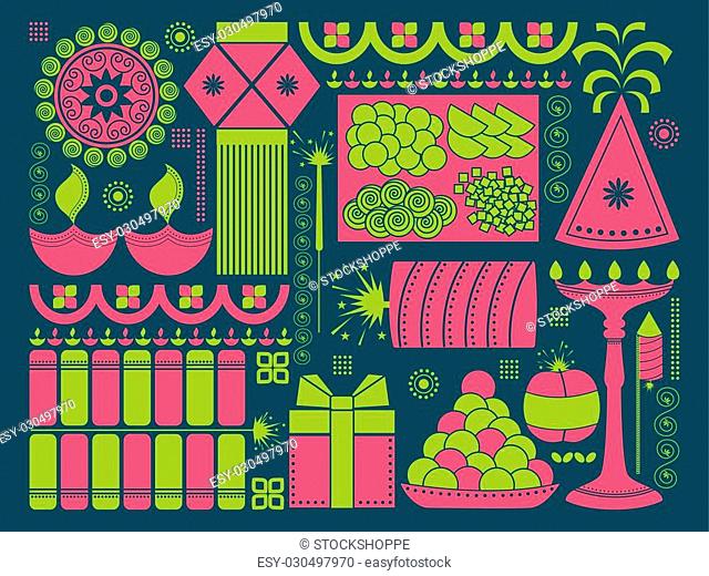 vector illustration of Happy Diwali festival background kitsch art India