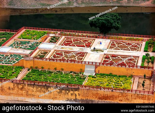 Close view of Kesar Kyari (Saffron Garden) on Maota Lake from Amber Fort, Rajasthan, India. Amber Fort is the main tourist attraction in the Jaipur area
