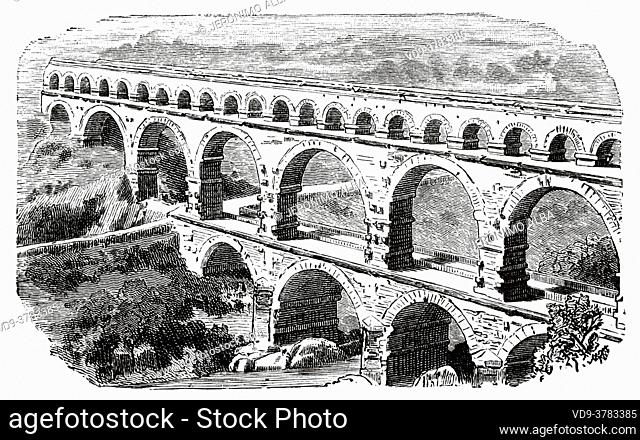The Roman Bridge Pont du Gard and Gardon River, Gard. France, Europe. Old XIX century engraved illustration, El Mundo Ilustrado 1880
